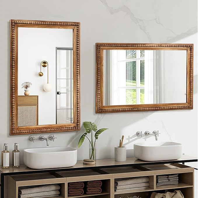 ULIKE Rectangular Wood Mirror with Natural Wooden Bead Frame, 24x36 Inch Rustic Farmhouse Wall Mirror for Bathroom Nursery Bedroom Living Room Brown