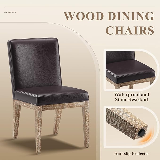 Wooden Dining Chairs Set of 2, Modern Leather Upholstered Dining Room Chair, Kitchen Side Chairs, Farmhouse Dinner Chair with High Back for Kitchen, Brown