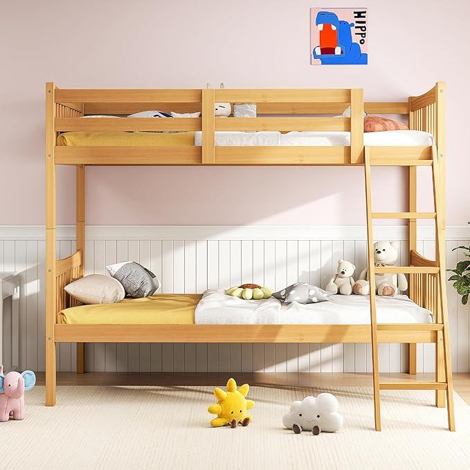 DUMOS Loft Bunk Bed Twin Over Twin, Solid Wood Frame with Slats, Bunk Beds with Ladder and Guardrail, No Box Spring Needed, Space Saving Bed Frame for Dorm, Bedroom