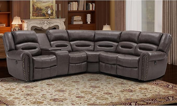 EBELLO Faux Leather Reclining Sectional Couches for Living Room, L-Shaped Power Recliner Sofa Set Corner Sectional Couch Home Furniture Set, with Storage Console and Cup Holders, USB Port, Dark Brown