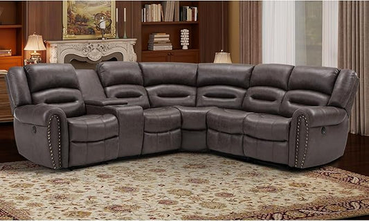 EBELLO Faux Leather Reclining Sectional Couches for Living Room, L-Shaped Power Recliner Sofa Set Corner Sectional Couch Home Furniture Set, with Storage Console and Cup Holders, USB Port, Dark Brown