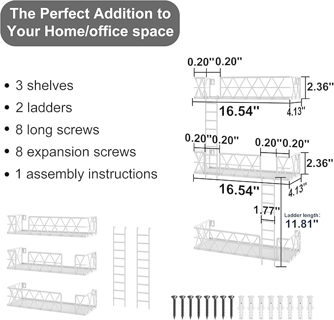 LUDOUR Fire Escape Wall Shelf - 3 Tier Fire Escape Ladder Wall Shelf 16.5 Inch Long, New York Metal Decorative Shelf for Action Figure Display, White Floating Wall Shelves for Bedroom, Home Décor.