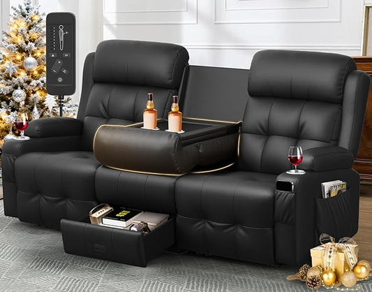 Loveseat Recliner, 3 Seater Massage Reclining Sofa Sets Heavy Weight Capacity, RV Loveseat Couch Clearance with Drop Down Table, Storage, Cup Holders, Wall Hugger Reclining Couch for Living Room