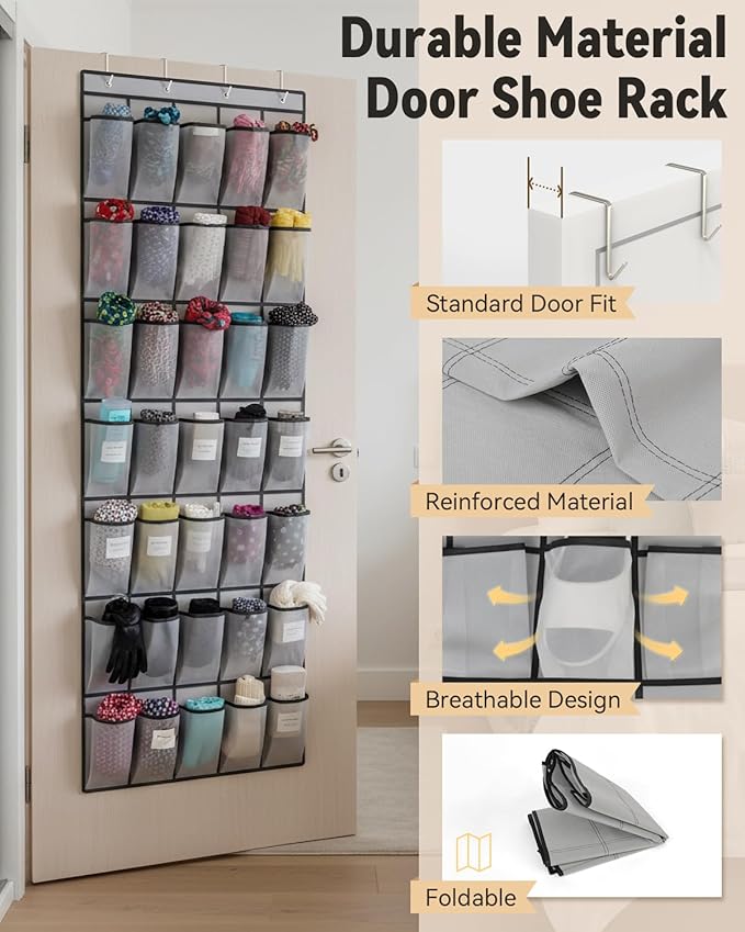 dodowin Over the Door Shoe Organizers, 2 Pack (1 Black & 1 Grey) -40 Deep Mesh Pockets Each, Over The Door Shoe Rack, Space Saving Hanging Storage Holder for Closets, Shoes & Accessories