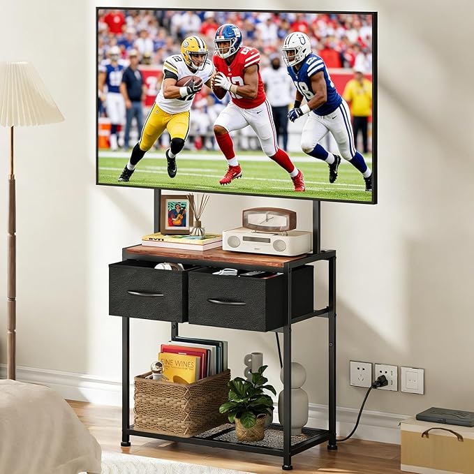 23-50 Inch Corner TV Stand with Mount and 2 Fabric Drawers, Floor Small TV Stand for Bedroom Living Room, Entertainment Center with Storage Shelves, Television Stands TV Console Table, Black & Brown