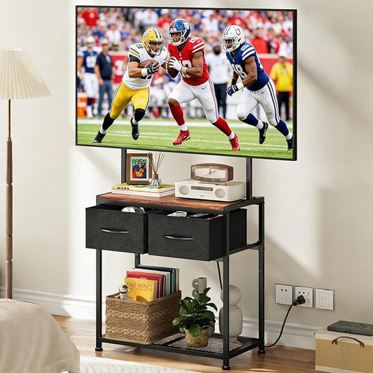 23-50 Inch Corner TV Stand with Mount and 2 Fabric Drawers, Floor Small TV Stand for Bedroom Living Room, Entertainment Center with Storage Shelves, Television Stands TV Console Table, Black & Brown