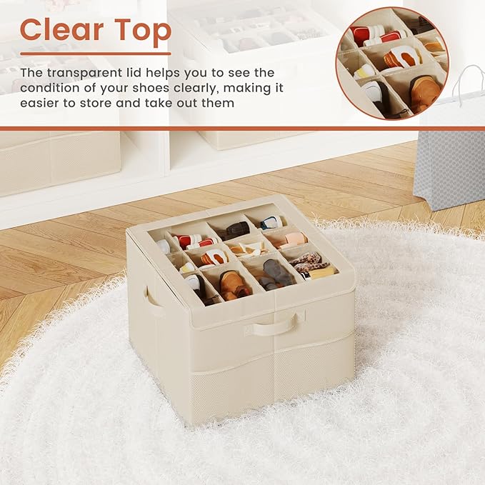PHINOX Shoe Organizer for Closet, Fits 12-24 Pairs, Shoe Storage Bins with Clear Cover and Reinforced Handles, Foldable Shoe Storage Organizer, Space Saving Shoe Holder for Wardrobe, 1 Pack Beige