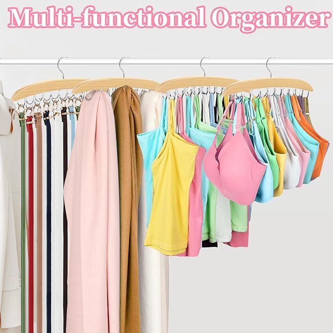 Bra Organizer for Closet, 360° Rotating Bra Hanger Space Saving w/20 Foldable Metal Hooks, Tank Top Hanger Closet Organizers and Storage for Camisoles/Tank Tops/Bras/Belts/Scarves Wood