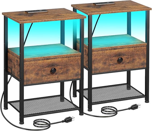 Night Stand Set 2, LED Nightstand with Charging Station, End Tables Living Room with Fabric Drawer for Small Spaces, Bed Side Tables with Storage Shelf for Bedroom, Rustic Brown, HETS01PQBR