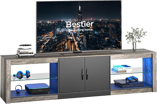 Bestier 70 Inch Led TV Stand for 75 Inch TV Large Entertainment Center Gaming with Adjustable Glass Shelves Two Cabinets Modern TV Console for Living Room 22 RGB Modes, Wash Gray