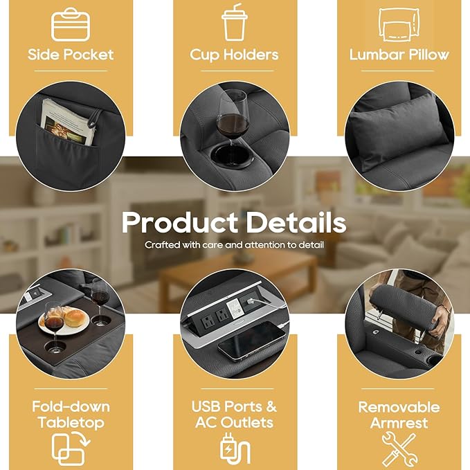 IPKIG Power Recliner Sofa with Flip-Up Backrest Console, USB & USB-C Ports, AC Outlet, LED Lights, Wall Hugger Recliners for Living Room, RV (Grey, 76.8" - 3 Seat) | Leathaire Fabric, Zero Gravity, Dual Reclining, 2 Lumabr Pillow