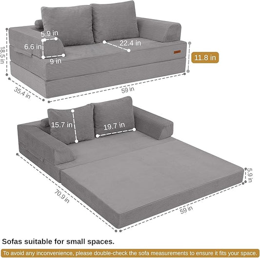 COMAX Futon Sofa Bed, Convertible Folding Sofa Bed, Boneless Couch Loveseat Corduroy with Pillows, Small Foldable Floor Couch Comfy Lounge Sleeper for Living Room Bedroom, Light Grey