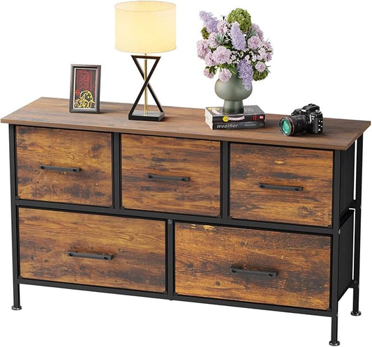 FDW 5 Fabric Drawers Dresser for Bedroom,Chest Organizer Units with Steel Frame and Wooden Top for Bedroom,Closet,Living Room, Entryway,Brown