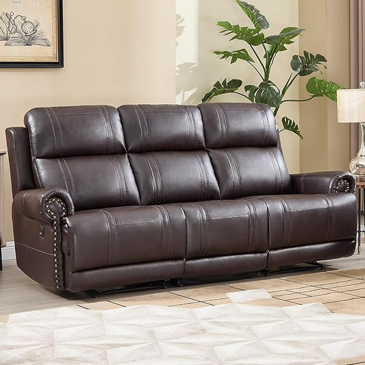 EBELLO Faux Leather Electric Reclining 3 Seat Sofa, Power Recliner Three Seats Sofa Couch with USB and Type-C Charging Ports, Vintage Rivet Design for Small Living Room, Bedroom, Meeting Room, Brown
