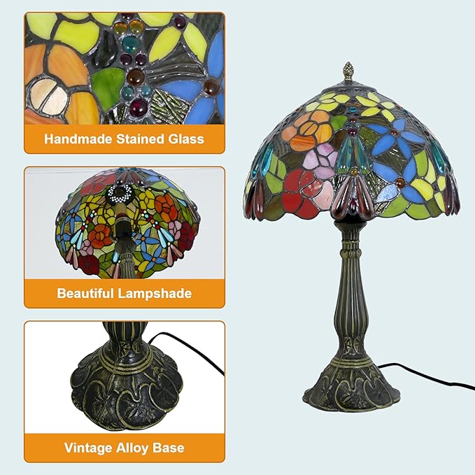 Tiffany Table Lamp 12x12x19 Inch Multi-Color Flowers Style Table Lamp Stained Glass Lamp Bedside Nightstand Reading Desk Light for Bedroom Home Office Decor (LED Bulb Included)