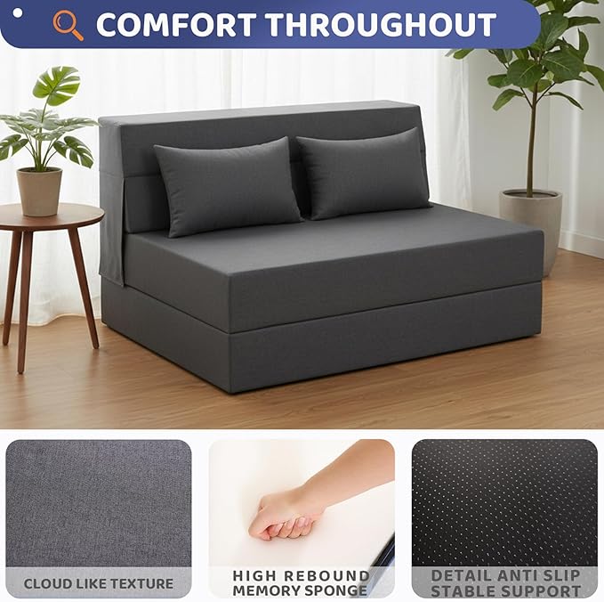 Fvkind Folding Sofa Bed, Foldable Sleeper Chair with Pillow, Convertible Fold Out Chair Bed with Washable Cover, Foldable Mattress for Living Room, Bedroom, Guest Room, Single Size, Dark Grey