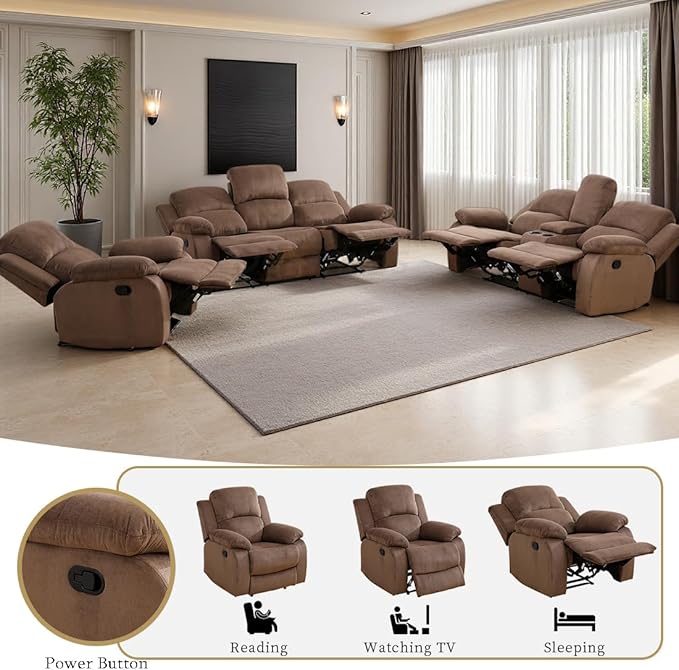 Fabric Recliner Sofa Set Manual Reclining Sofa Set Living Room Furniture Sets Modern Reclining Couch Set with Cup Holders/Storage Console/Drop Down Table for Home/Office (Chocolate, 3PCS Set)