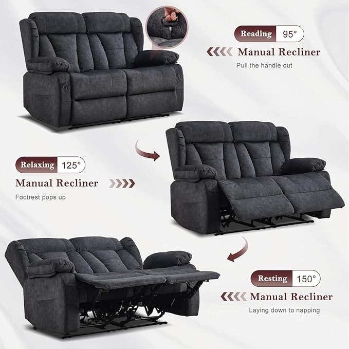 56.7" Manual Reclining Loveseat Sofa - Double Loveseat Recliner Chair with Side Pockets for RV Couch/Motorhomes/Living Room (Gray, Loveseat)