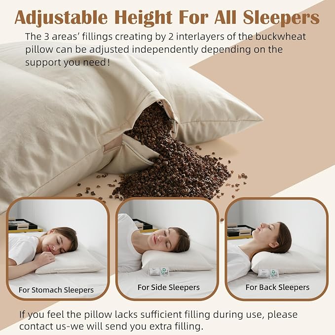 Buckwheat Pillow with Organic Cotton Pillowcase - 20''x26'' Organic Buckwheat Pillow with Baffle Box for Support, Adjustable Tartary Buckwheat Hull Pillows, Organic Buckwheat Neck Pillows