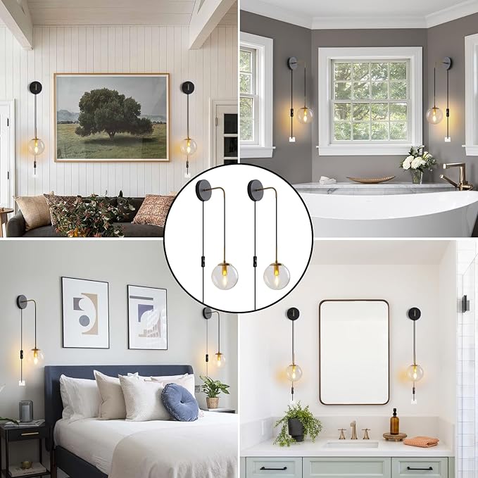 Wall Sconces Set of Two Black and Brass Plug in Wall Sconces Set of 2 with Globe Clear Glass Shade Wall Lights Wall Lamps for Bedrooms Sconces Wall Decor Set of 2 with Plug in Cord Switch