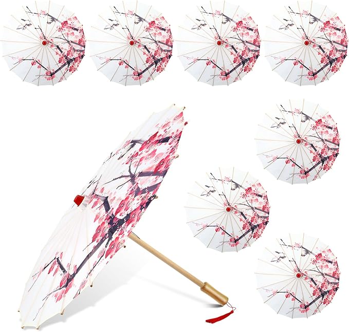 Dunzy 8 Pack Handmade Oiled Paper Umbrellas 22 Inch Classical Plum Blossom Mini Parasol Umbrella for Wedding Art Dance Photography Cherry Blossom Decoration