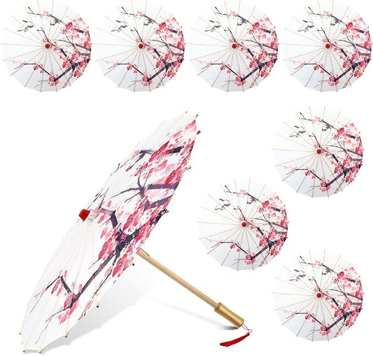 Dunzy 8 Pack Handmade Oiled Paper Umbrellas 22 Inch Classical Plum Blossom Mini Parasol Umbrella for Wedding Art Dance Photography Cherry Blossom Decoration