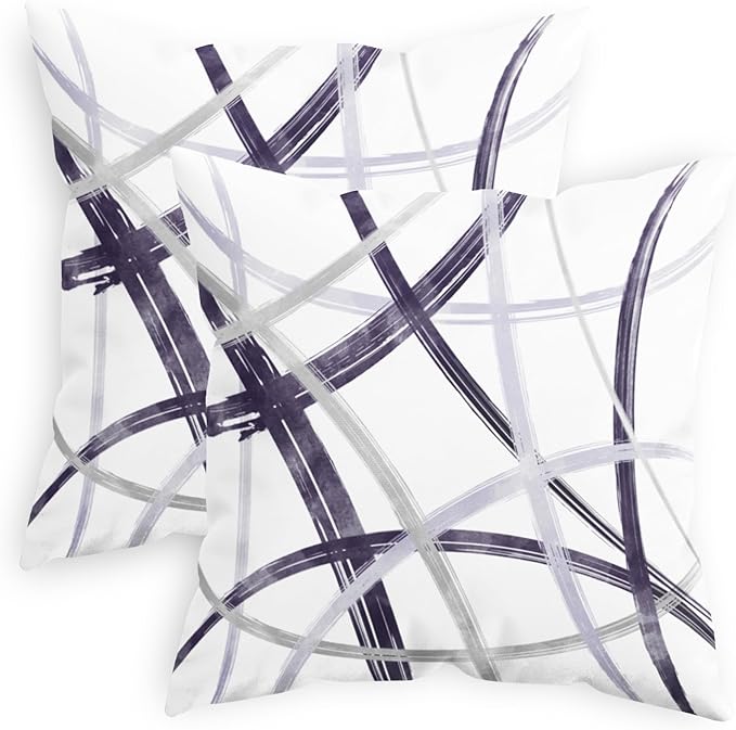 CaliTime Throw Pillow Cases Pack of 2 Cozy Fleece Arc-Shaped Abstract Geometric Lines Decorative Cushion Covers for Couch Bed Sofa Farmhouse Decoration 20 X 20 Inches Deep Purple Grey