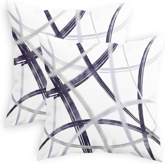 CaliTime Throw Pillow Cases Pack of 2 Cozy Fleece Arc-Shaped Abstract Geometric Lines Decorative Cushion Covers for Couch Bed Sofa Farmhouse Decoration 20 X 20 Inches Deep Purple Grey
