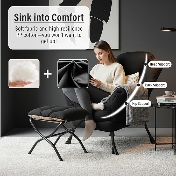 Lazy Chair with Ottoman, Modern Chair with Folding Footrest, Black Accent Chair, Comfortable Reading Chair, Oversized Armchairs for Bedroom, Study, Living Room, Courtyard