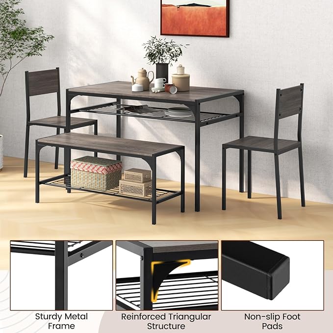 COSTWAY 4 Pieces Dining Table Set, Kitchen Table and 2 Chairs for 4 with Bench, Storage Racks, Metal Frame & Space-saving Design, Industrial Kitchen Table Set for Small Space, Apartment (Black & Grey)