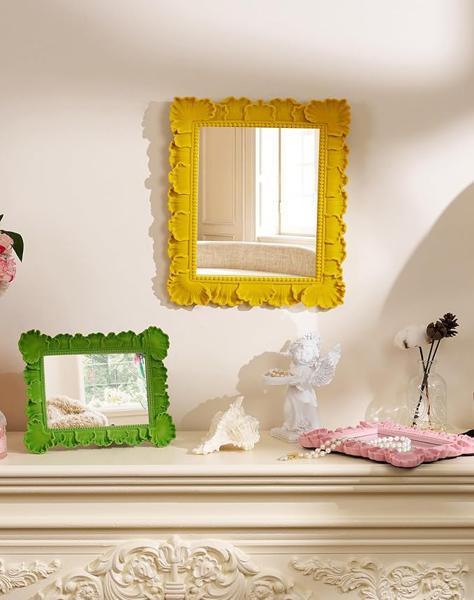 Leaf-Themed Framed Decorative Mirror for Makeup Dresser Table Gallery Wall Art, 9.8x7.7 Funky Wall Mirrors for Fall Autumn Winter Thanksgiving Christmas Holiday Accent (Yellow-Orange)