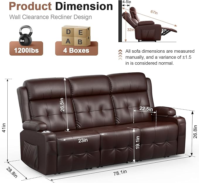 Recliner Sofa, Massage Reclining Sofa 3 Seater Sets Heavy Weight Capacity, RV Loveseat Clearance, Recliner Couch with Storage, Cup Holders, Wall Hugger Couches for Living Room