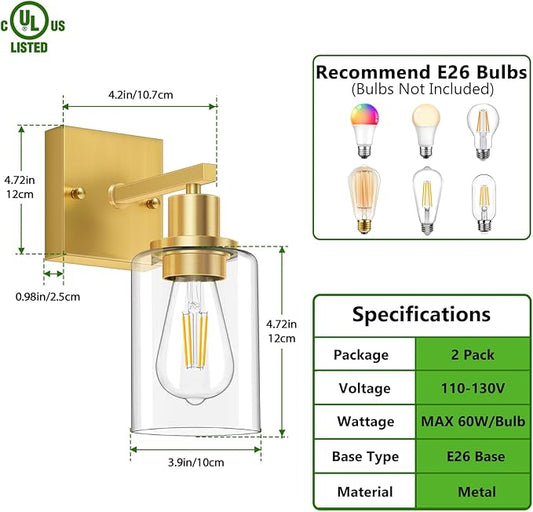 Licperron Gold Wall Sconces Set of 2, Bathroom Sconces Wall Lighting with Clear Glass Shade, Modern Brushed Glod Vanity Wall Light Fixtures for Bedroom, Mirror, Living Room, Hallway, E26 Base