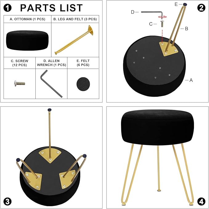 Velvet Soft Modern Vanity Footstool -Round Footrest Stool Ottoman Side Table Seat Dressing with Golden Metal Leg and Sponge Filling,Upholstered Foot Rest, for Living Room and Bedroom Black
