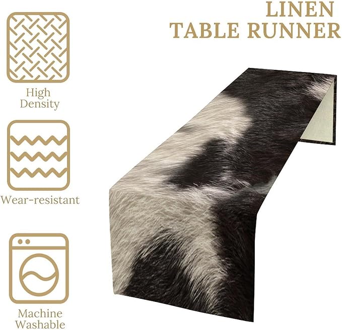 Cowhide Table Runner Black and White Milk Cow Western Style 3D Cow Fur Skin Texture Table Runner for Living Room Kitchen Dining Table Decoration 13x70in