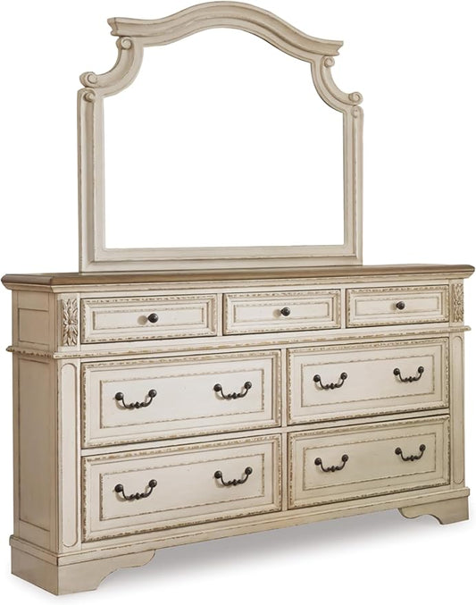 Signature Design by Ashley Realyn Vintage Smooth-Gliding 7-Drawer Dresser and Mirror with Safety Stop, White & Light Brown