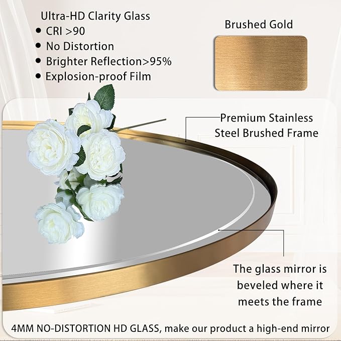 POZINO Modern Oval Beveled Mirror, 22"x30" Brushed Gold Bathroom Vanity Mirror Over Sink, Pill Shaped Capsule Wall Mounted Mirrors for Living Room Bedroom Entryway, Hangs Vertically or Horizontally