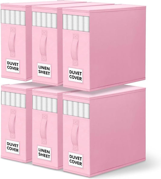 WOWBOX Sheet Organizers and Storage,Closet Bed Sheet Organizer Under Bed Storage and Organization with Label Cards & Clear Window for Bedding Sheets,Duvet Covers,Blankets (6 Pack，Pink)