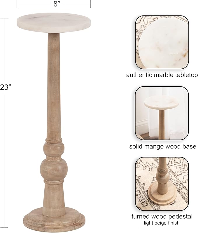 Kate and Laurel Wegner Transitional Wood and Marble Round Drink Table; 8 x 8 x 23; White Marble and Light Natural Wood; Modern Pedestal Table for Use as Indoor Plant Stand or Decorative Mini Table