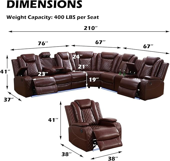 Leather Power Recliner Sectional Sofa Set with LED Light,L Shaped Leather Couch Set with Recliner Chair,Modular Corner Sofa with USB Ports for Living Room Furniture(Red, Sectional+Chair)