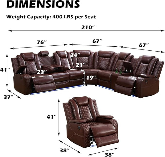 Leather Power Recliner Sectional Sofa Set with LED Light,L Shaped Leather Couch Set with Recliner Chair,Modular Corner Sofa with USB Ports for Living Room Furniture(Red, Sectional+Chair)