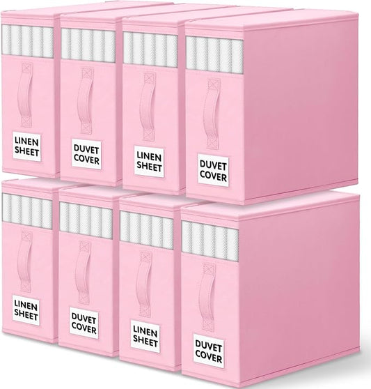 WOWBOX Sheet Organizers and Storage,Closet Bed Sheet Organizer Under Bed Storage and Organization with Label Cards & Clear Window for Bedding Sheets,Duvet Covers,Blankets (8 Pack，Pink)