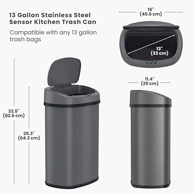 iTouchless 13 Gallon Oval Smart Bin with Odor Filter, 50L Touchless Stainless Steel Kitchen Trash Can, Automatic Motion Lid, Fingerprint-Proof, Executive Dark Metallic Finish, Gunmetal Gray
