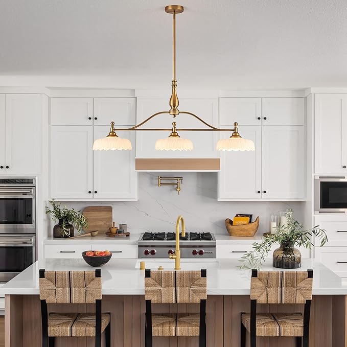 HDDFL Chandeliers Pendant Light Fixture Vintage Pendant Lighting Fixtures 3 Lights Chandelier Kitchen Glass Hanging Lamp for Island Dining Living Room Brass and White
