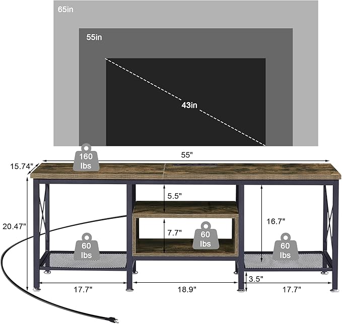 VECELO TV Stand with Power Outlets for 65 Inch Industria Media Entertainment Center with Charging Station, 3-Tier Open Shelves & Metal Frame for Living Room, Bedroom, 55 Inch, Brown