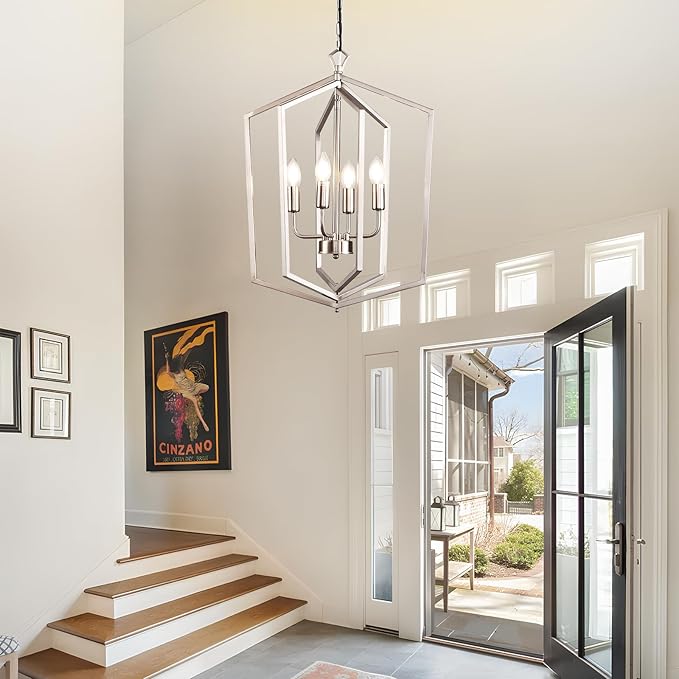 WJShome 18.1" Silver Chandelier, 4-Light Farmhouse Foyer Lighting Fixtures, Modern Hanging Ceiling Lantern Pendant Light, for Dining Room, Kitchen Island, Hallway, Entrance, Staircase