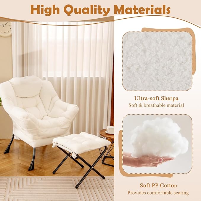 GORELAX Modern Accent Chair with Ottoman, Upholstered Lounge Sofa Chair & Folding Footstool Set, Reading & Relaxing Chair for Bedroom, Living Room, Dorm Room (Plush Beige)