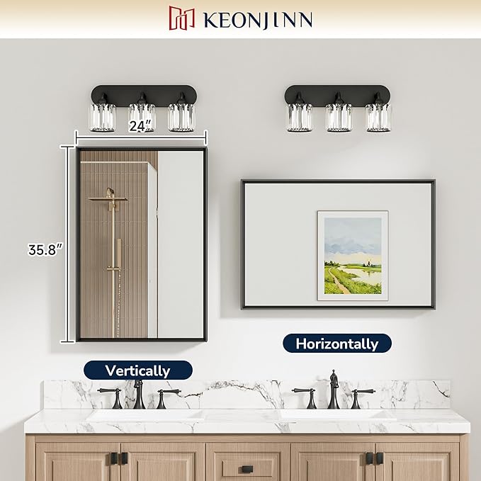 Keonjinn 24 x 36 Inch Black Bathroom Mirrors for Over Sink, Beveled Rectangle Framed Mirror for Wall, Black Bathroom Vanity Mirror, Square Corner, Tempered Glass, Farmhouse Style