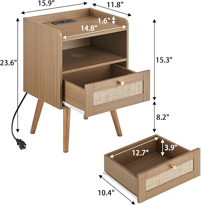 Night Stand Set 2, Nightstands Set of 2 with Charging Station, Rattan Side Tables with Solid Wood Legs, Boho Bedside End Table for Farmhouse Bedroom Dorm Small Space - Brown