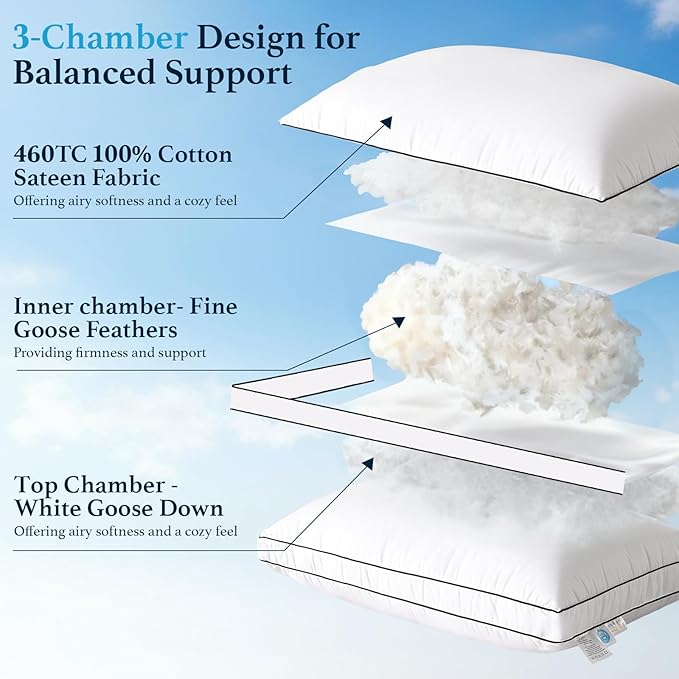LIANLAM RDS Certified Goose Feather & Down Pillow Standard Size, 3-Chamber Gusseted Design for Balanced Neck Support, 100% Cotton Cover, Hotel Style Bed Pillows for Side and Back Sleepers, 20" x 26"